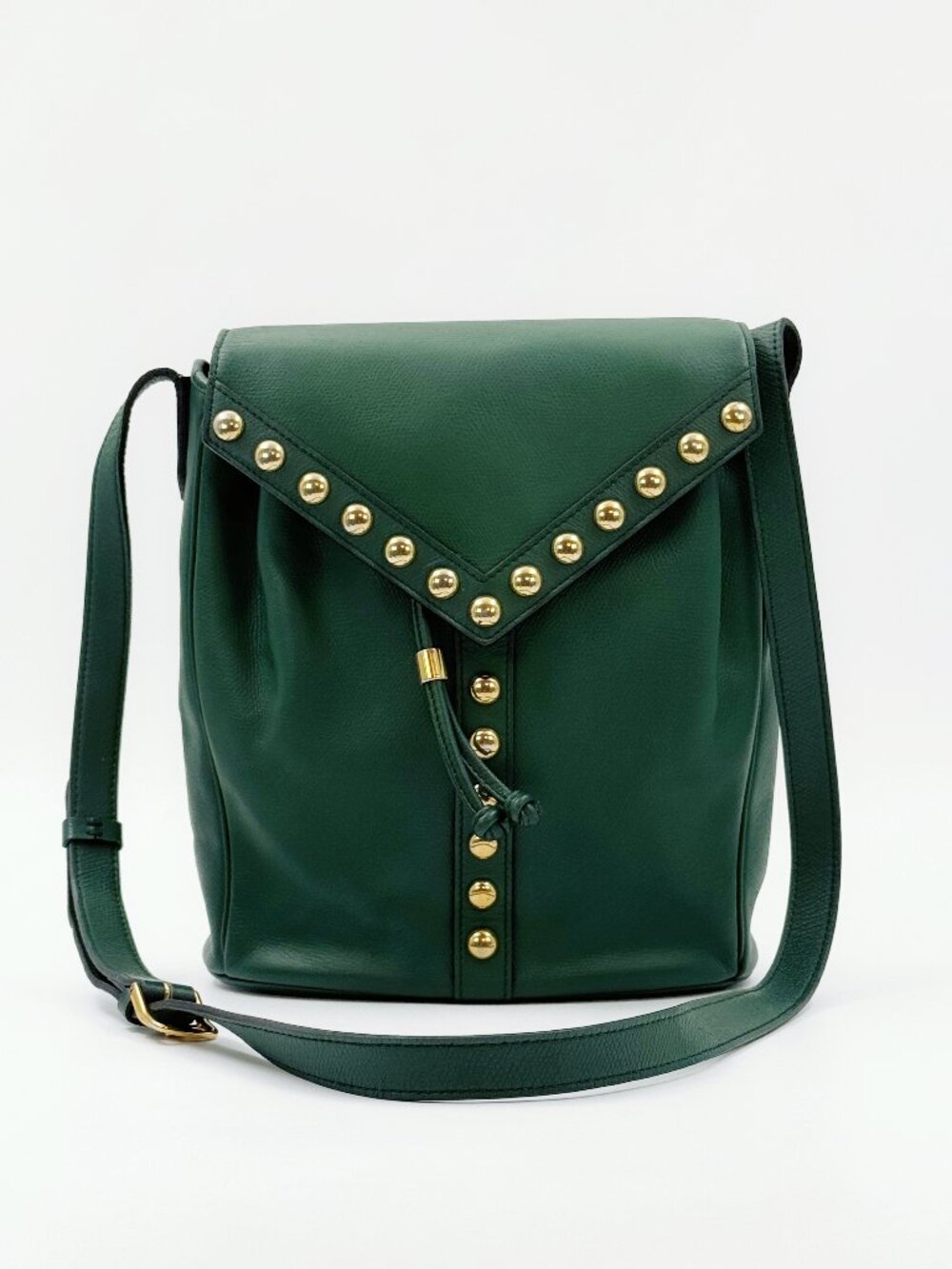 YSL Yves Saint Laurent Green Leather Studded Bucket Shoulder Bag